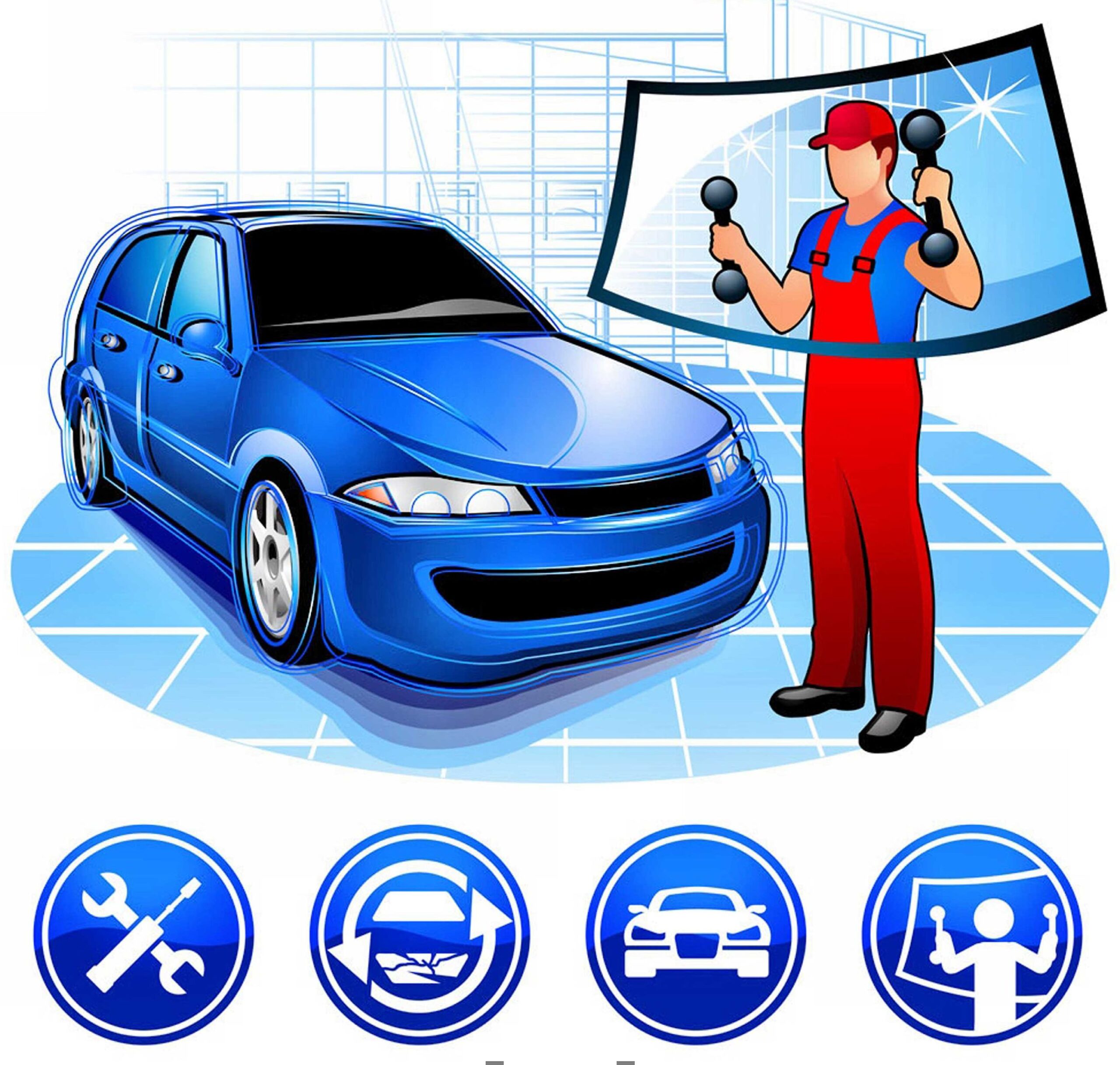 A vibrant blue car is depicted alongside a mechanic holding weights, symbolizing car maintenance and care. Icons for tools, inspections, and repairs are below.