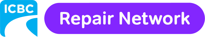 ICBC Repair Network logo featuring a blue design element and bold purple text. Represents a service for vehicle repairs in British Columbia.